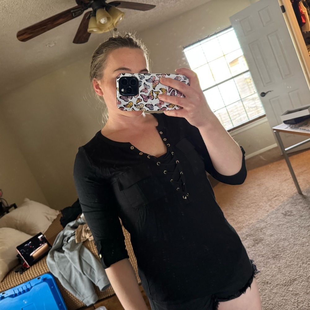 White House Black Market Black Lace-Up Blouse